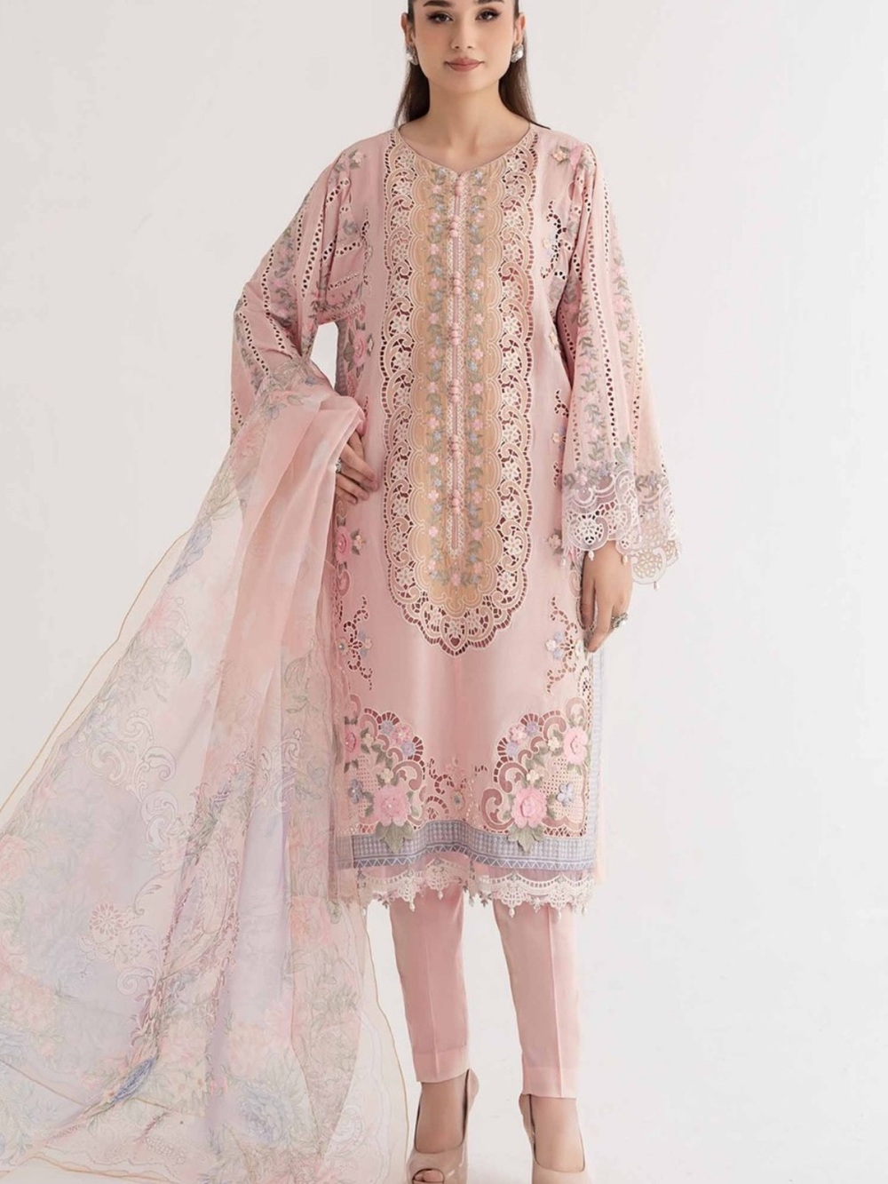 Embroidered Pink Long-Sleeve Dress with Scalloped Lace Details